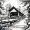 A sketch of a covered bridge in the woods