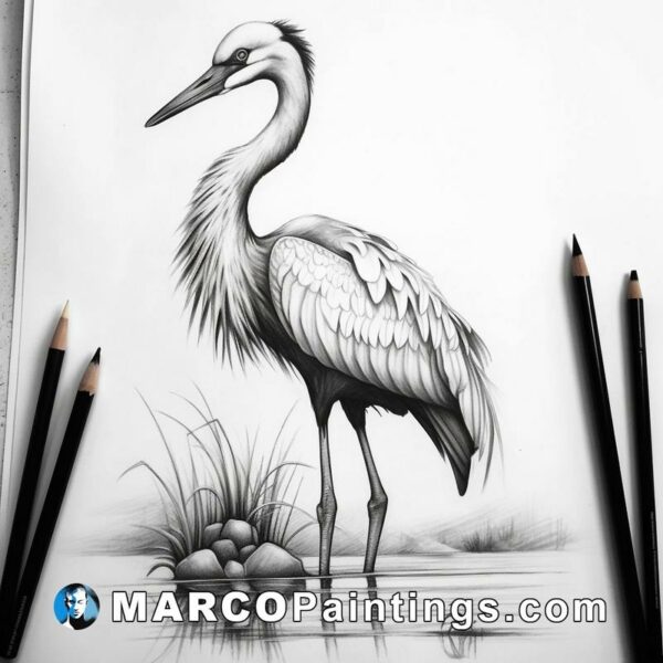 A sketch of a heron standing next to water and pencils