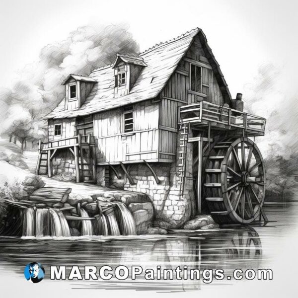 A sketch of an old mill by the river