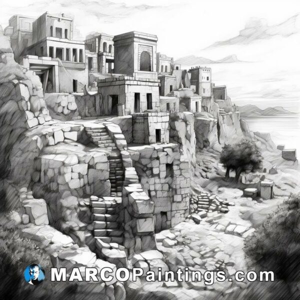A sketch of ruins on a mountain