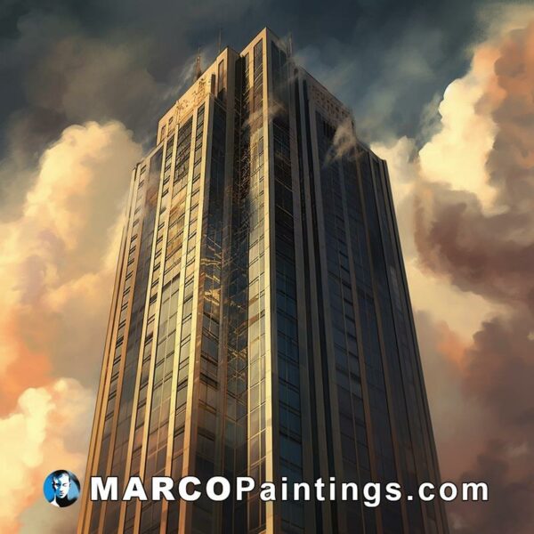 A skyscraper is being painted with clouds and clouds