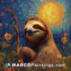 A sloth painting in the grass near a full moon