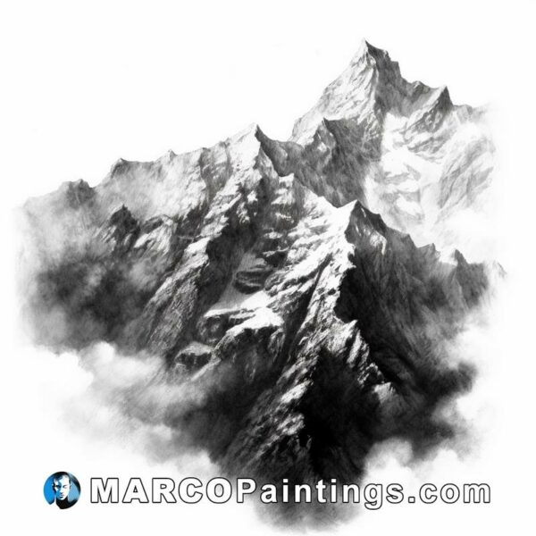 A small drawing of a mountain covered with clouds and mist