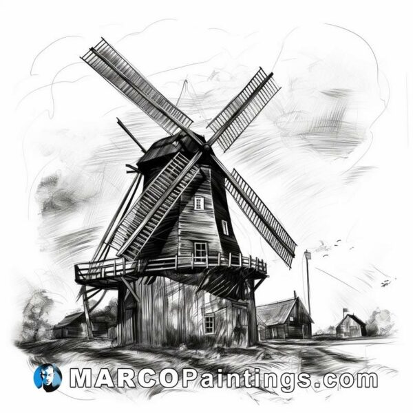 A small drawing of a windmill in black and white