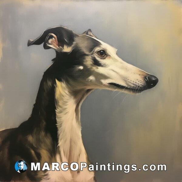 A small painting of a greyhound dog on a gray background