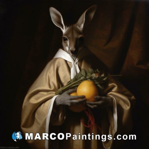 A small rabbit is holding many oranges in a robe