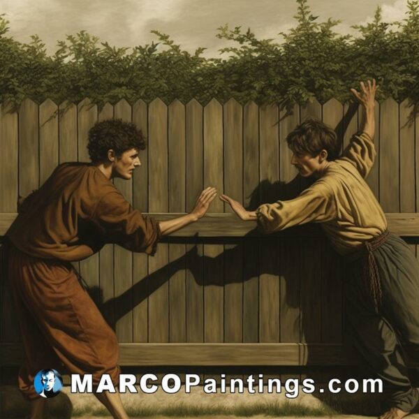 A small scene showing two men fighting inside a fence