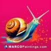 A snail is sitting on a pink background with red splashes