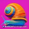A snail with a colorful shell on a bright pink background