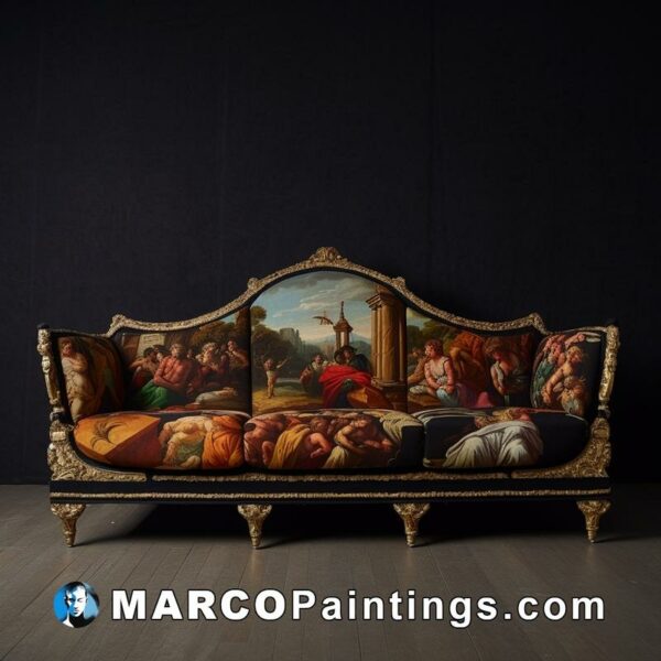 A sofa covered with a beautiful painting of the deginnis