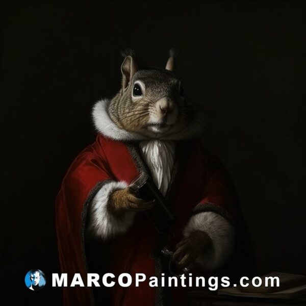 A squirrel wearing a coat of arms and holding an ashtray