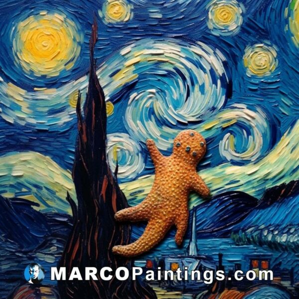 A starry night painting of a stuffed animal and a rock
