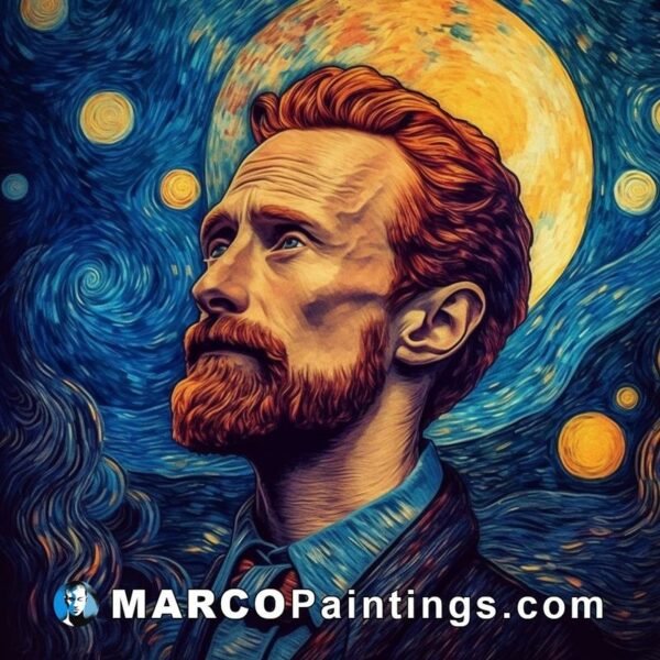 A starry night painting with a man in a beard