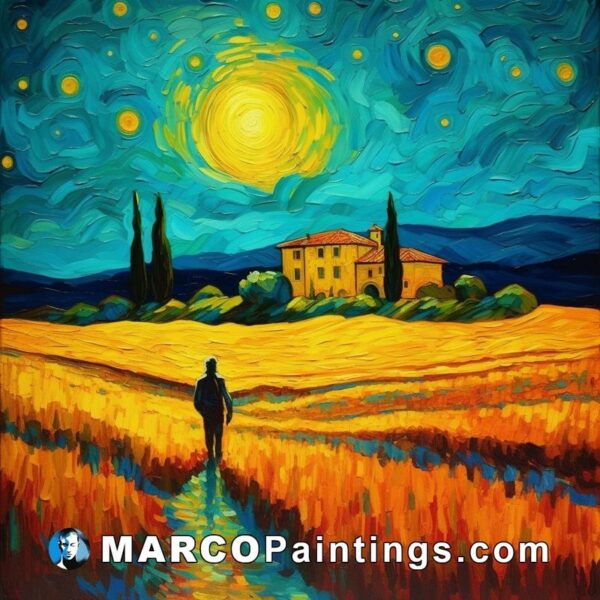 A starry night painting with a man walking through the wheat field