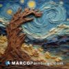 A starry night scene of a tree made of paper
