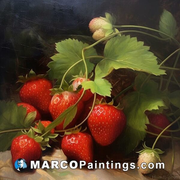 A still life painting featuring several strawberries