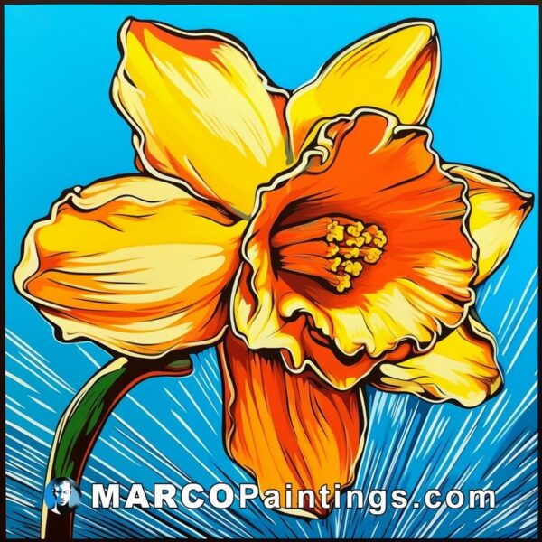 A stylized drawing of a yellow daffodil on a bright blue background