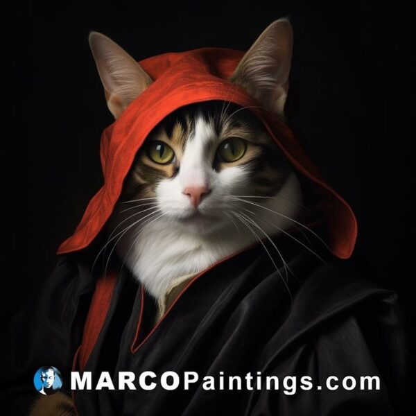 A tabby cat wearing a red hood on a dark background