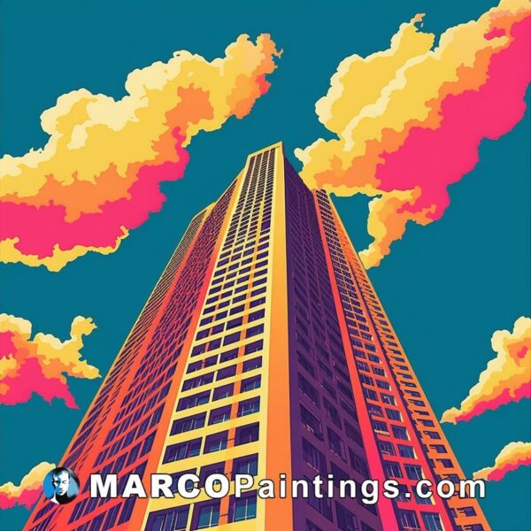 A tall building covered in colorful clouds