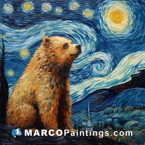A tan bear is under the starry night