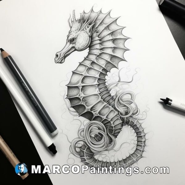 A tattoo illustration of a seahorse on paper