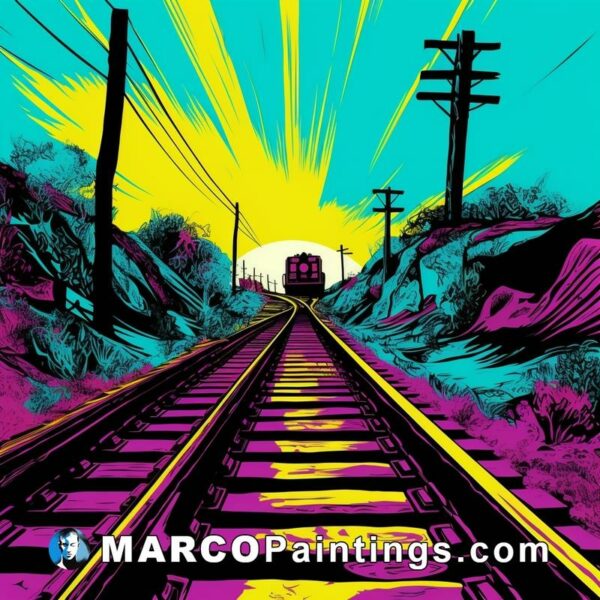 A train tracks poster with a colorful and neon sun behind it