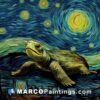 A turtle resting in starry sea with starry sky