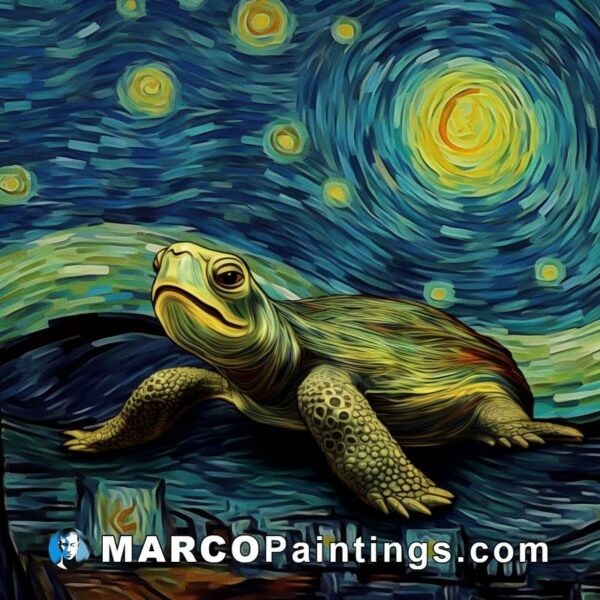 A turtle resting in starry sea with starry sky