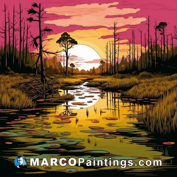 A vector of a swamp scene at sunset