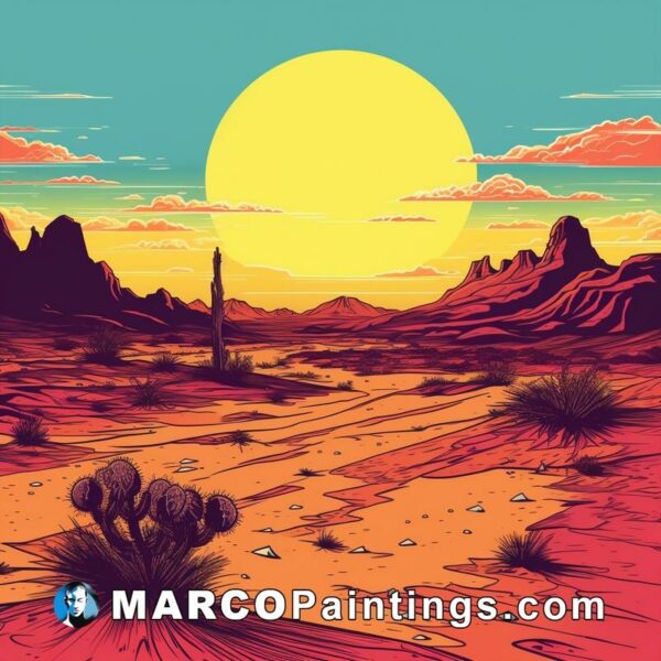 A vintage style desert landscape with sand and desert plants at sunset