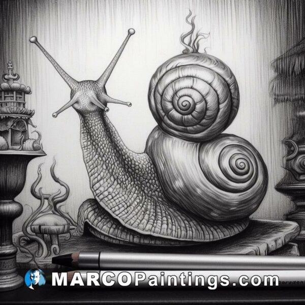 A white and black drawing of a snail with a pencil and pencils