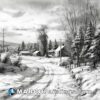 A white and black drawing of a snowy road