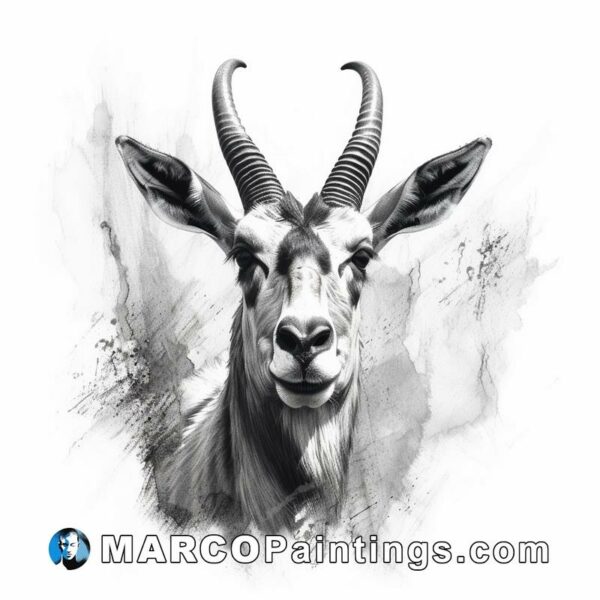 A white and black drawing of an antelope head