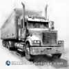 A white and black drawing of large semi truck