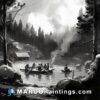 A white and black painting of men in a boat in front of a cabin