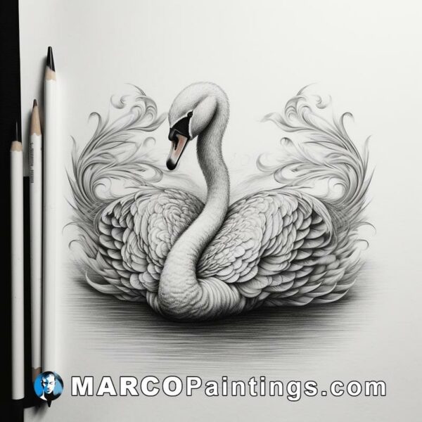 A white swan ink drawing with pencils next to it