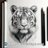 A white tiger portrait is next to some pencils