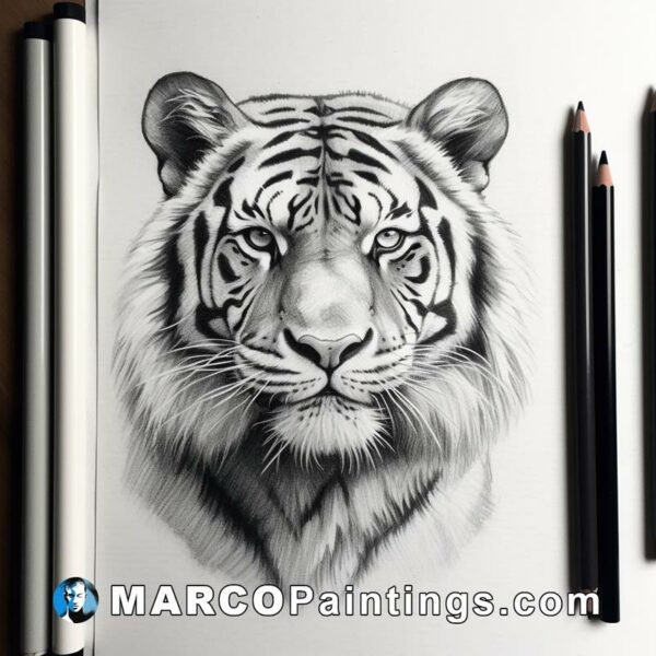 A white tiger portrait is next to some pencils