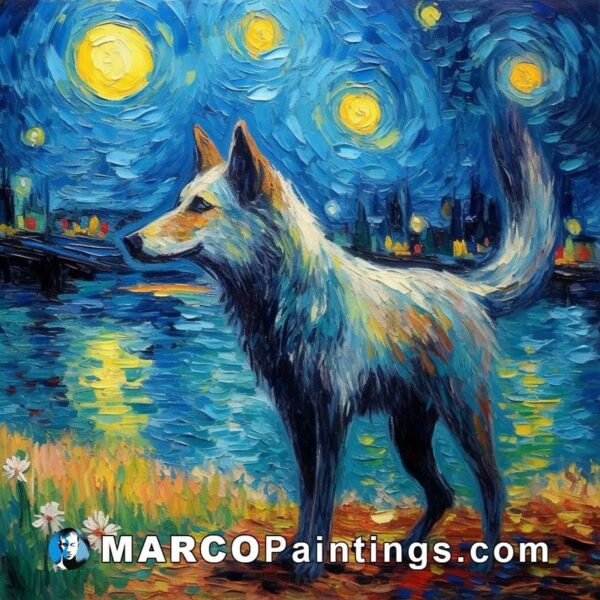 A wolf painting in the starry sky near the river