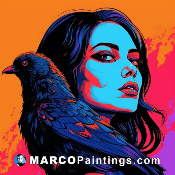 A woman facing a crow in a colorful and colorful painting style