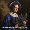 A woman in a blue dress holding flowers