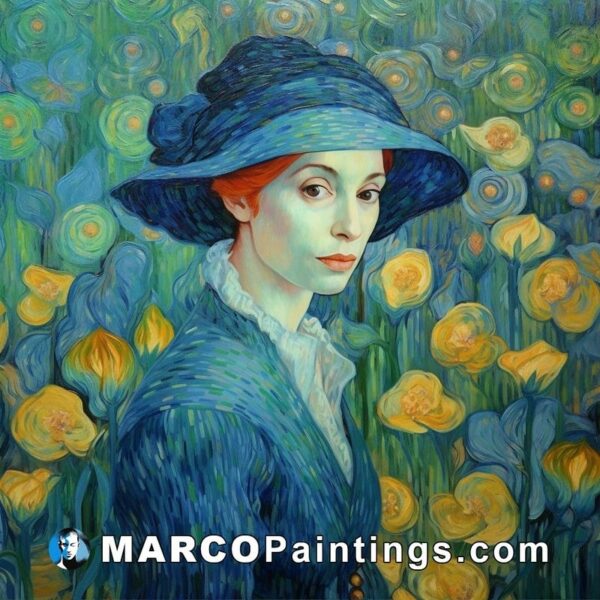 A woman in a blue hat in a flower field