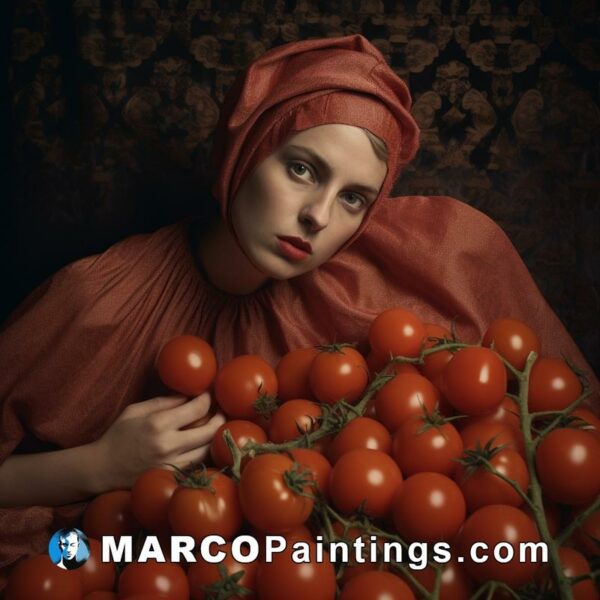 A woman in red clothing is holding tomatoes on a dark background