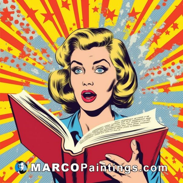 A woman is reading a book on pop art background