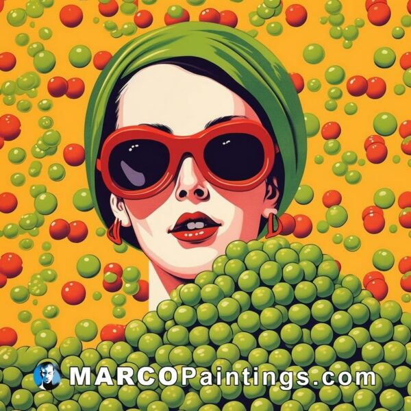 A woman is wearing sunglasses in front of green peas