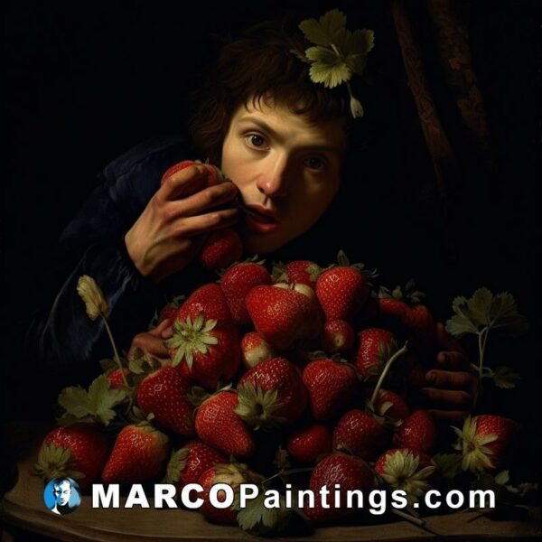 A woman looking down on a pile of strawberries