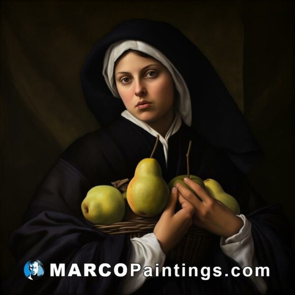 A woman painting is holding a basket of pears for her nun