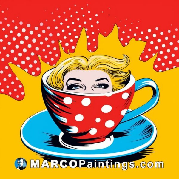 A woman's face is shown in a pop art style cup of tea