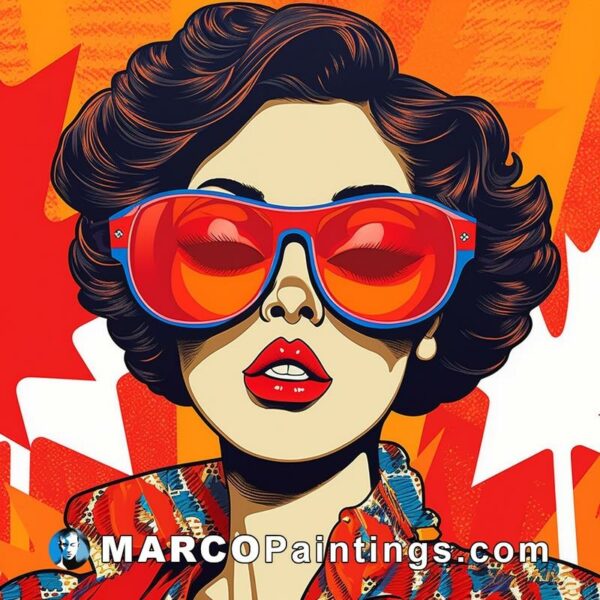 A woman wearing sunglasses in a red and blue art