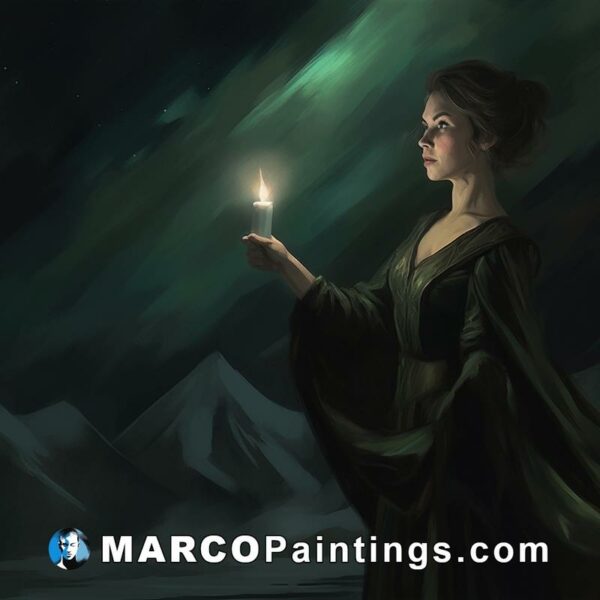 A woman with a candle in a dark field with mountains